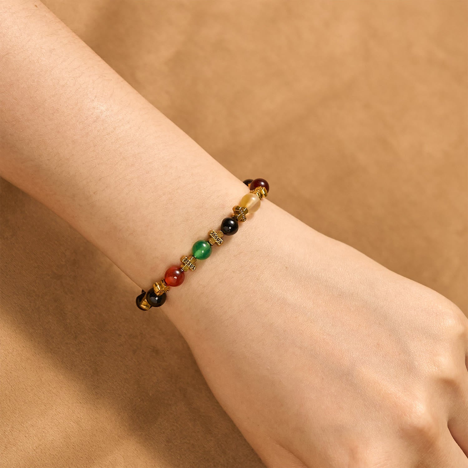 Natural Multicolored Agate Bracelet with Two Tone Jesus Cross: Bold Faith Statement