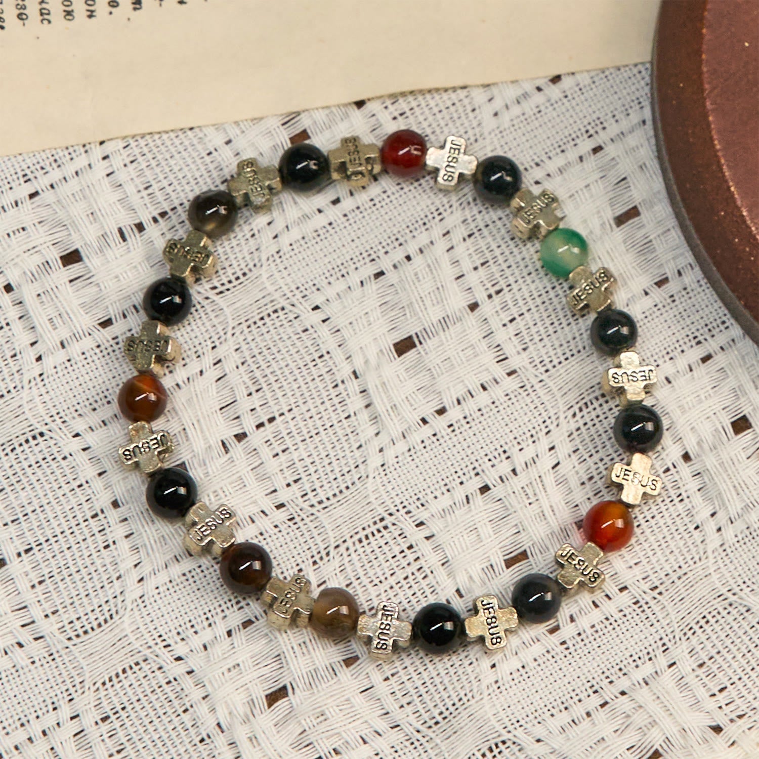 Natural Multicolored Agate Bracelet with Two Tone Jesus Cross: Bold Faith Statement