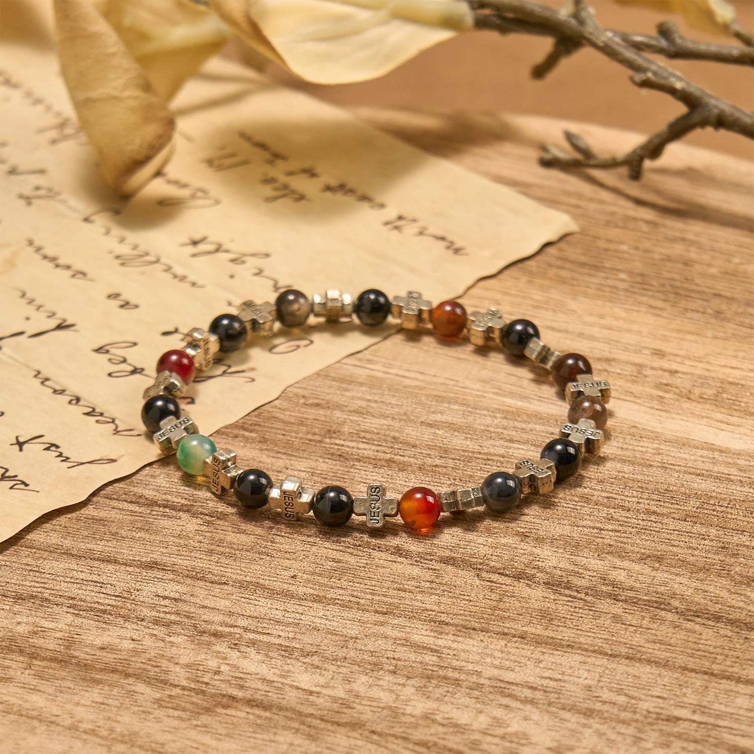 Natural Multicolored Agate Bracelet with Two Tone Jesus Cross: Bold Faith Statement