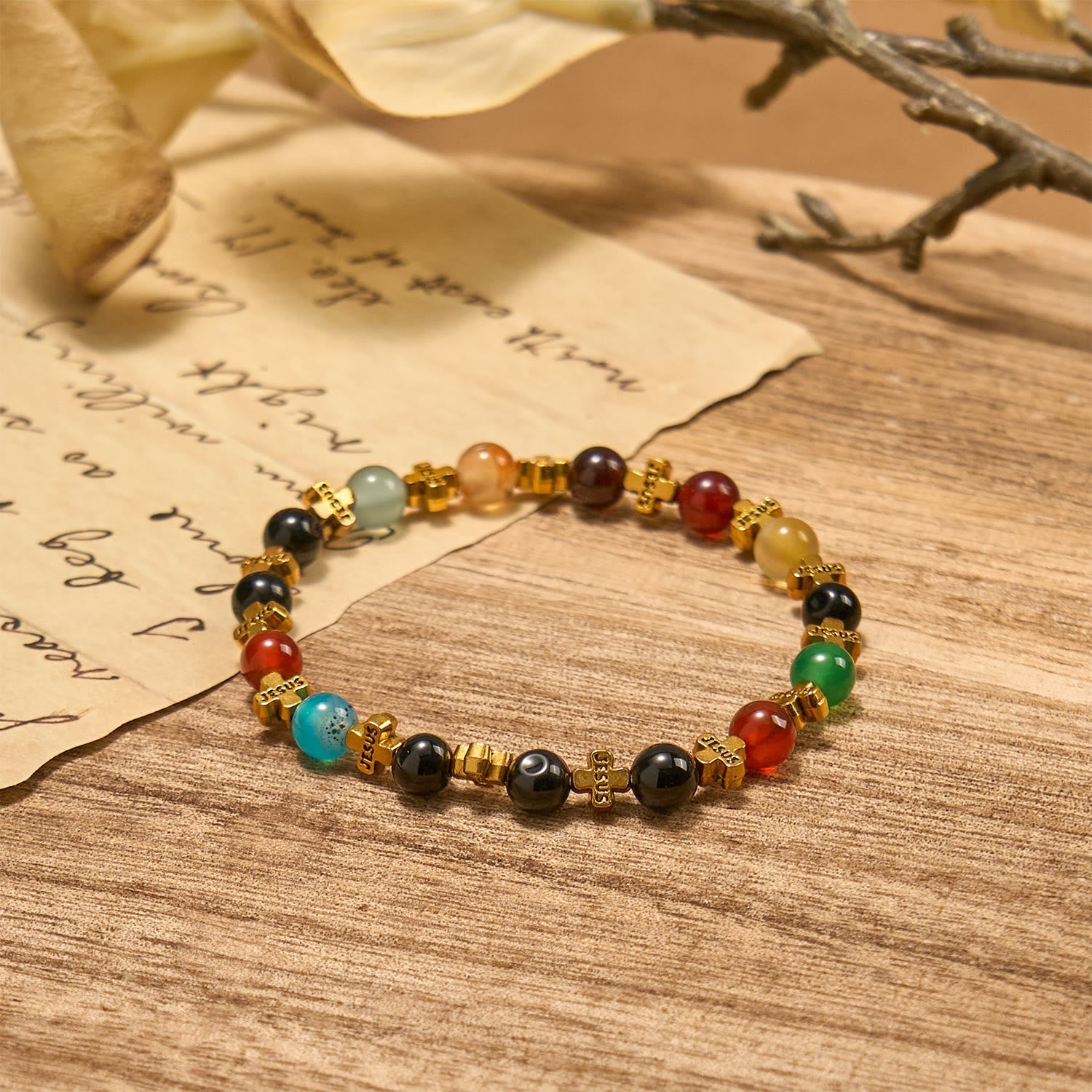 Natural Multicolored Agate Bracelet with Two Tone Jesus Cross: Bold Faith Statement