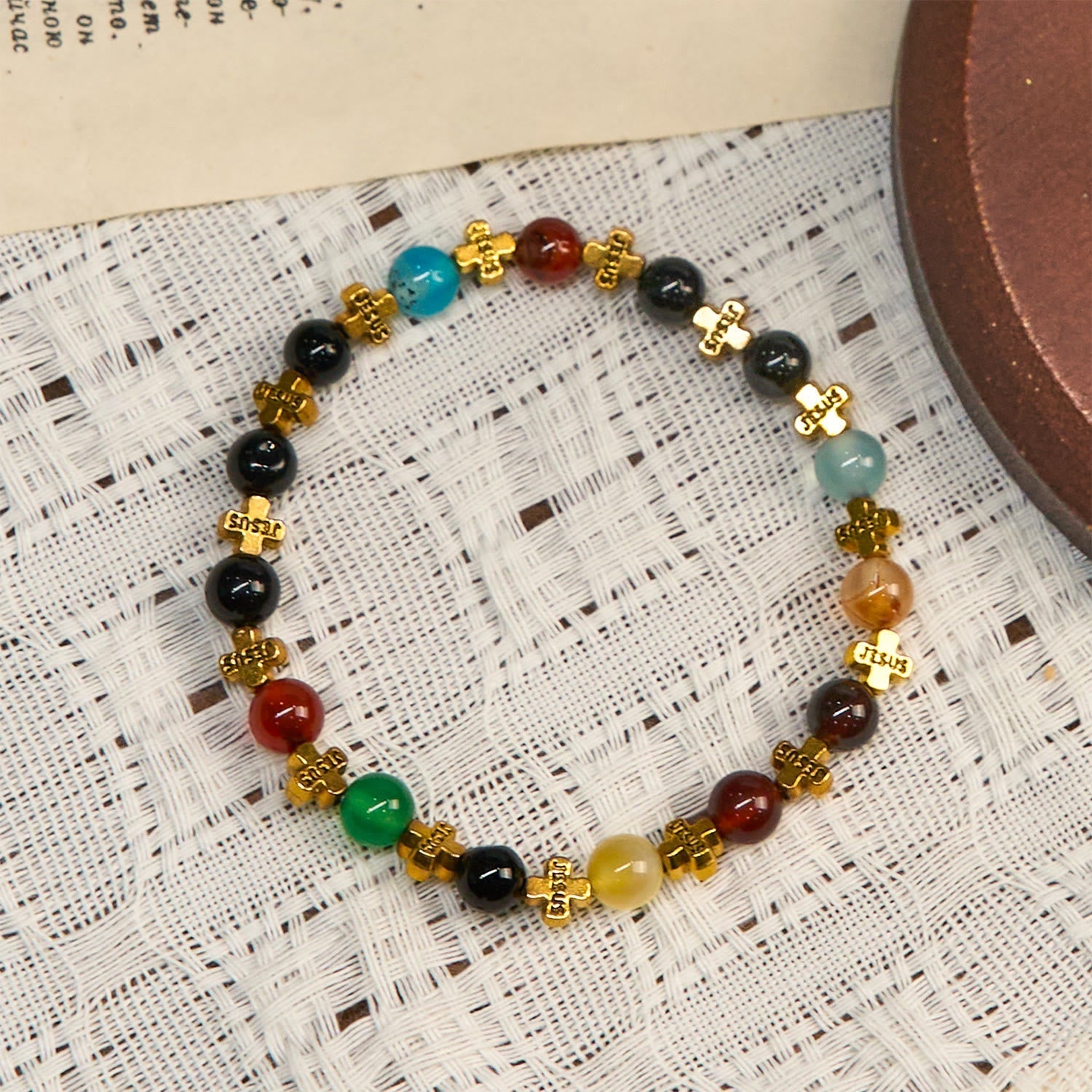 Natural Multicolored Agate Bracelet with Two Tone Jesus Cross: Bold Faith Statement