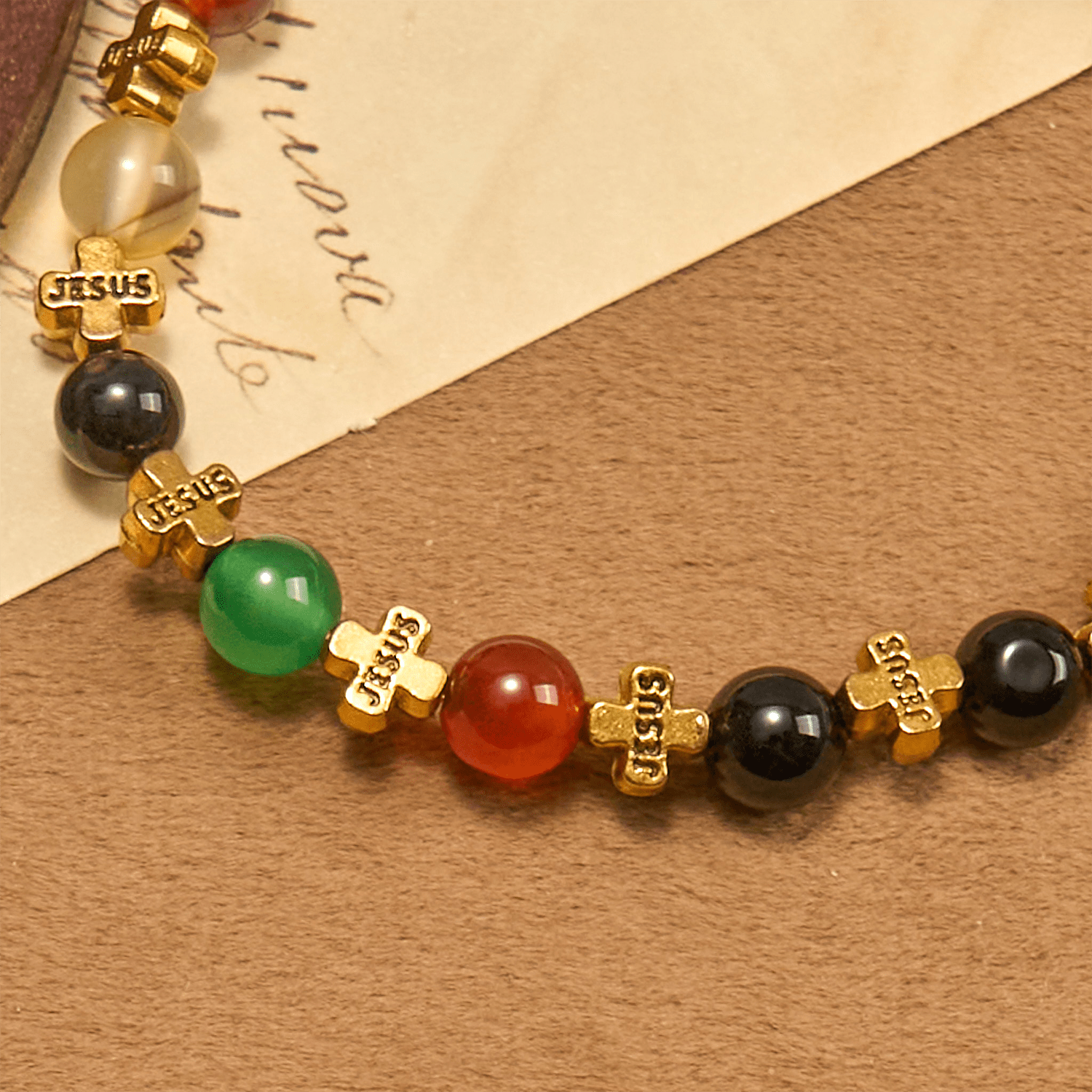 Natural Multicolored Agate Bracelet with Two Tone Jesus Cross: Bold Faith Statement