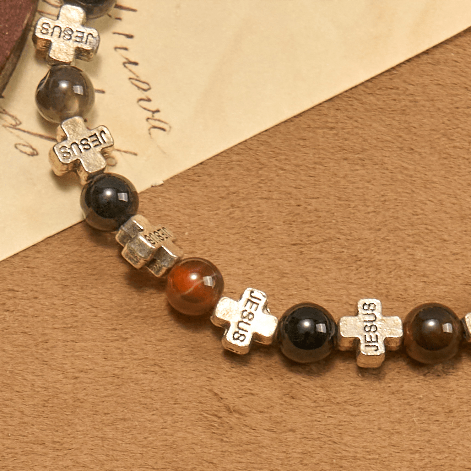 Natural Multicolored Agate Bracelet with Two Tone Jesus Cross: Bold Faith Statement