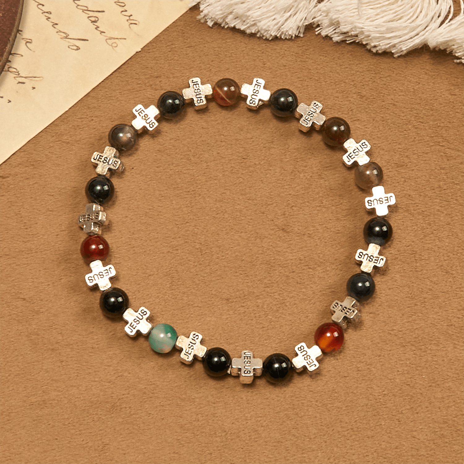 Natural Multicolored Agate Bracelet with Two Tone Jesus Cross: Bold Faith Statement
