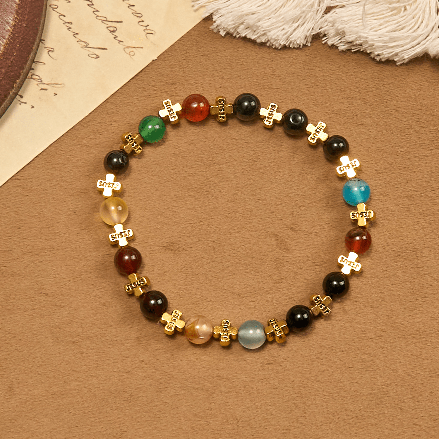 Natural Multicolored Agate Bracelet with Two Tone Jesus Cross: Bold Faith Statement