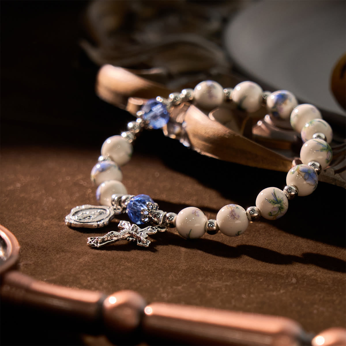 Multi-color Floral Ceramic Stretch Bracelet with Miraculous Medal & Crucifix: Subtle Faith Elegance