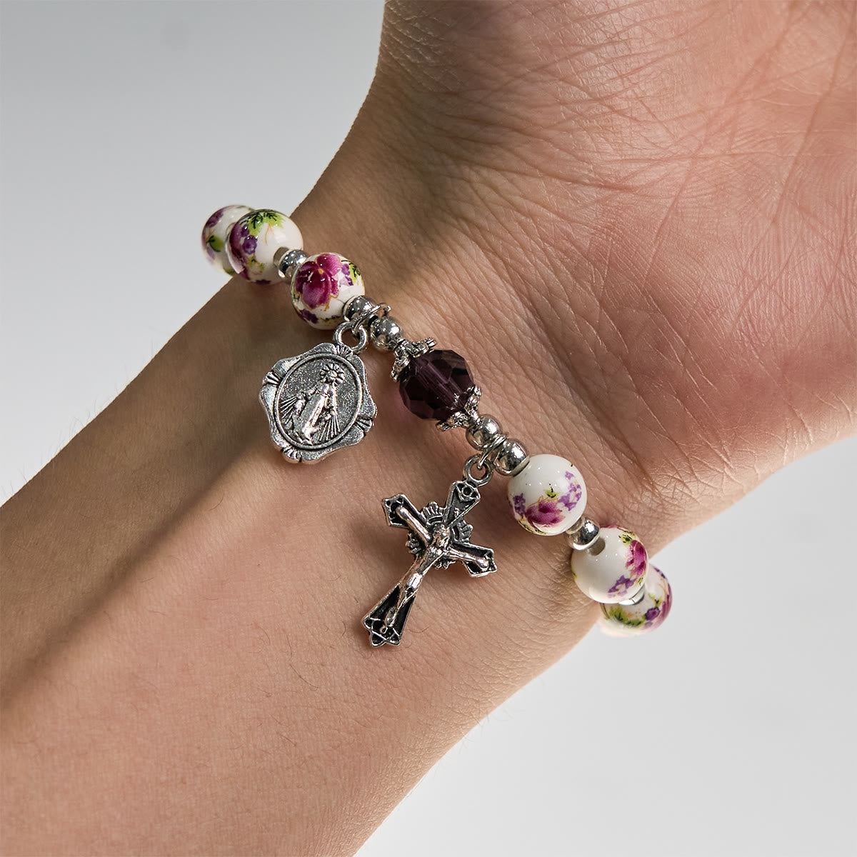 Multi-color Floral Ceramic Stretch Bracelet with Miraculous Medal & Crucifix: Subtle Faith Elegance