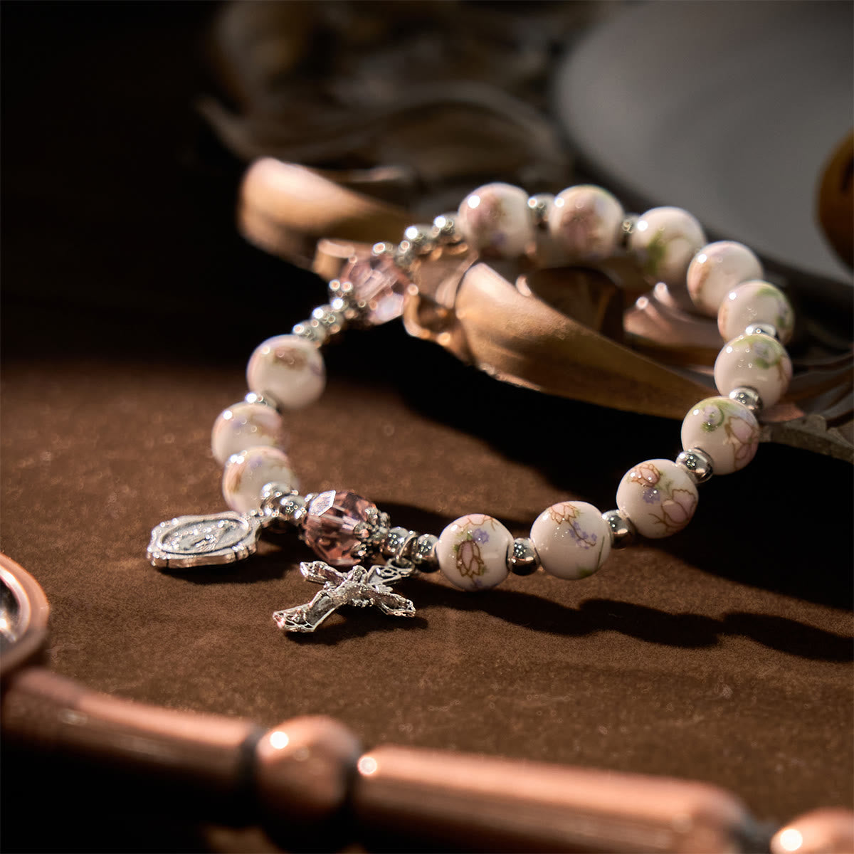 Multi-color Floral Ceramic Stretch Bracelet with Miraculous Medal & Crucifix: Subtle Faith Elegance
