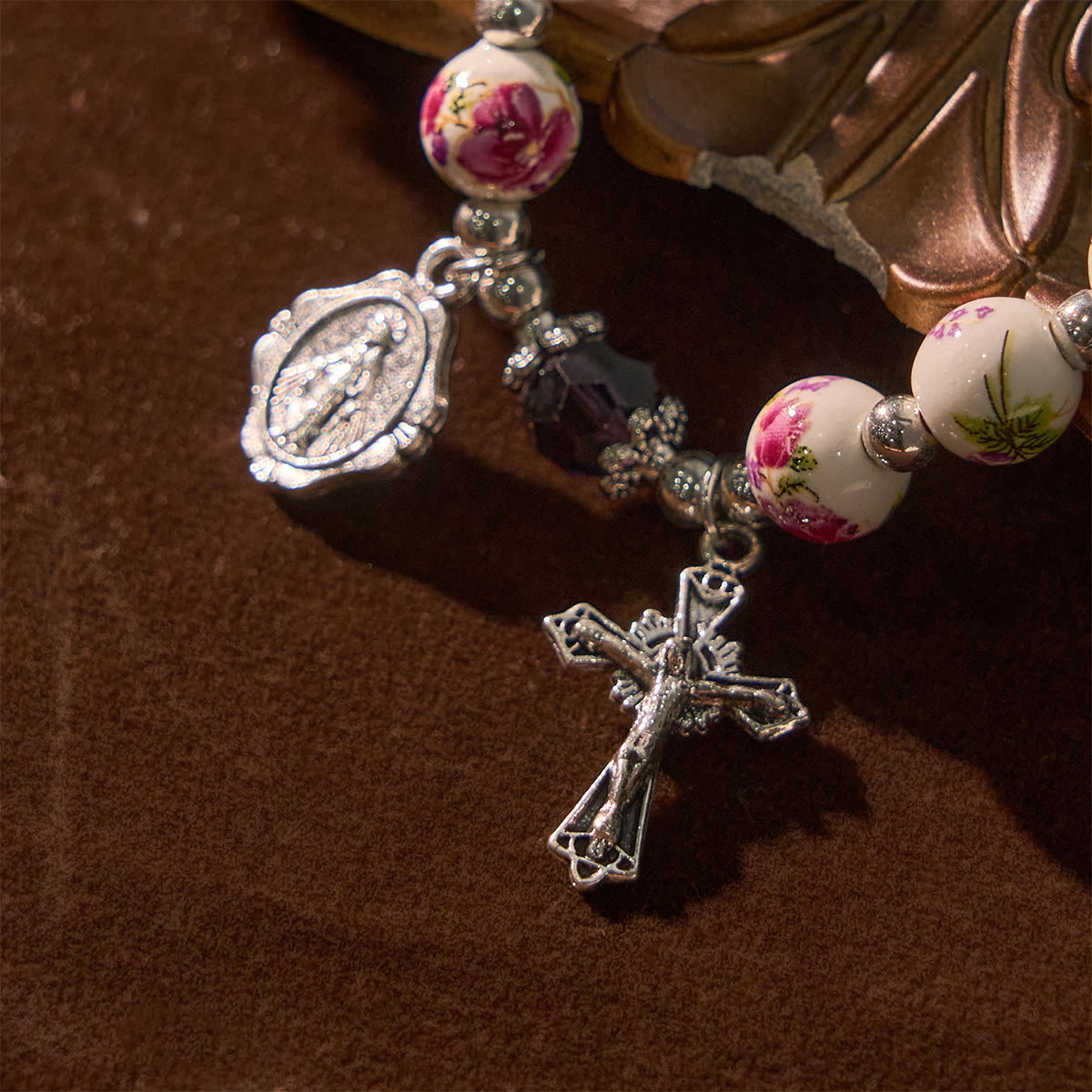 Multi-color Floral Ceramic Stretch Bracelet with Miraculous Medal & Crucifix: Subtle Faith Elegance