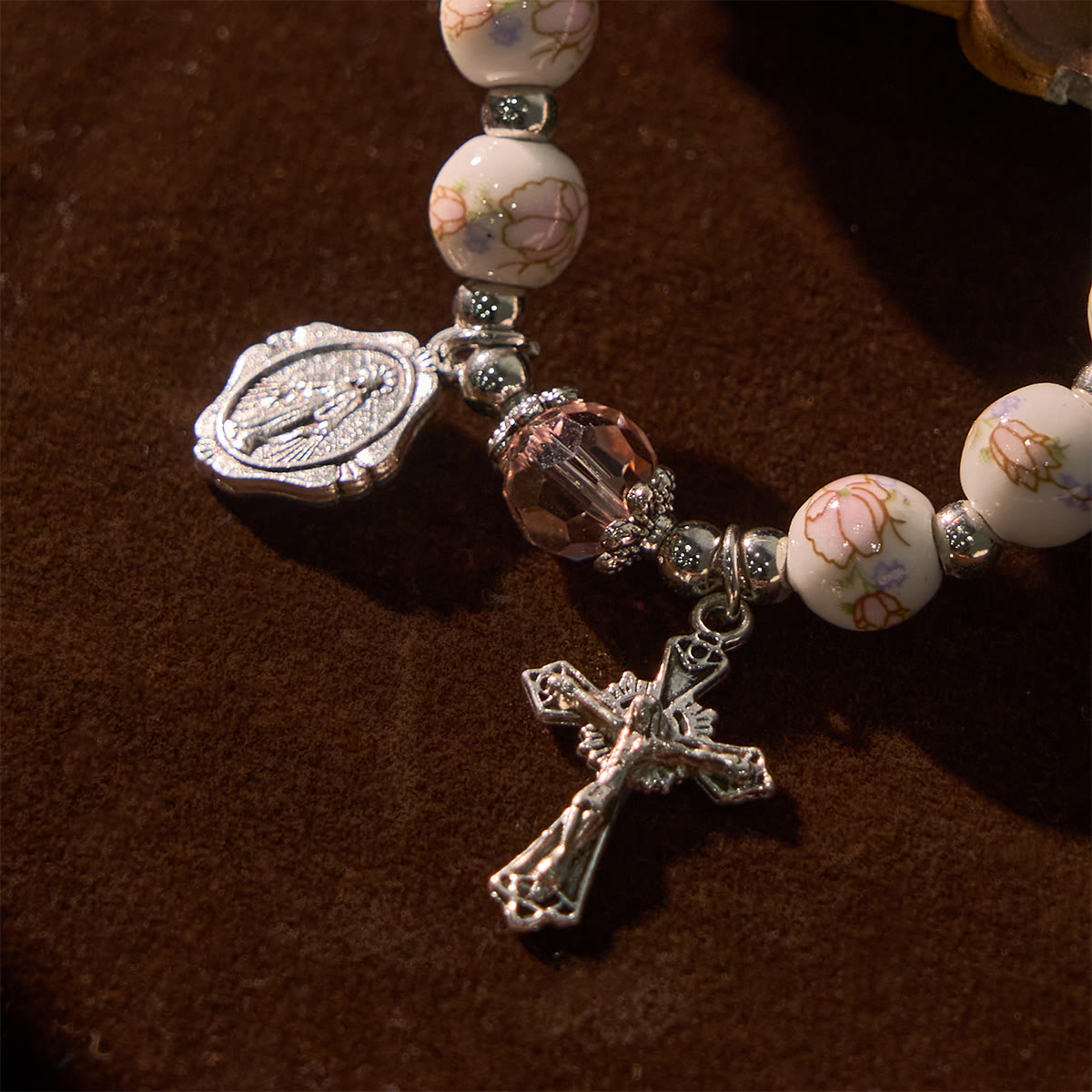Multi-color Floral Ceramic Stretch Bracelet with Miraculous Medal & Crucifix: Subtle Faith Elegance