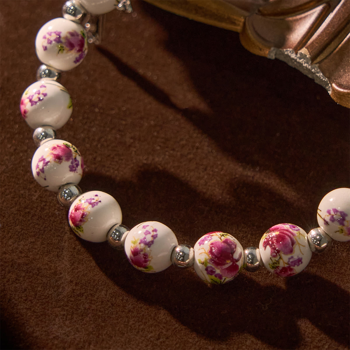 Multi-color Floral Ceramic Stretch Bracelet with Miraculous Medal & Crucifix: Subtle Faith Elegance