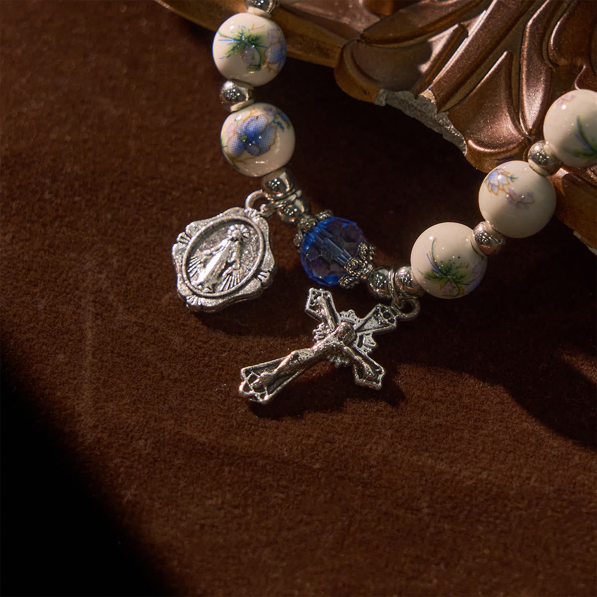 Multi-color Floral Ceramic Stretch Bracelet with Miraculous Medal & Crucifix: Subtle Faith Elegance