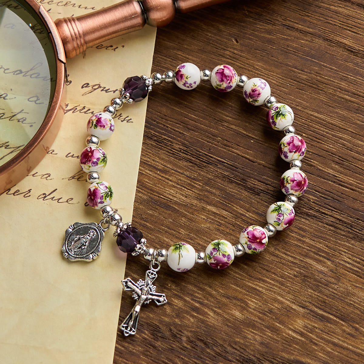 Multi-color Floral Ceramic Stretch Bracelet with Miraculous Medal & Crucifix: Subtle Faith Elegance