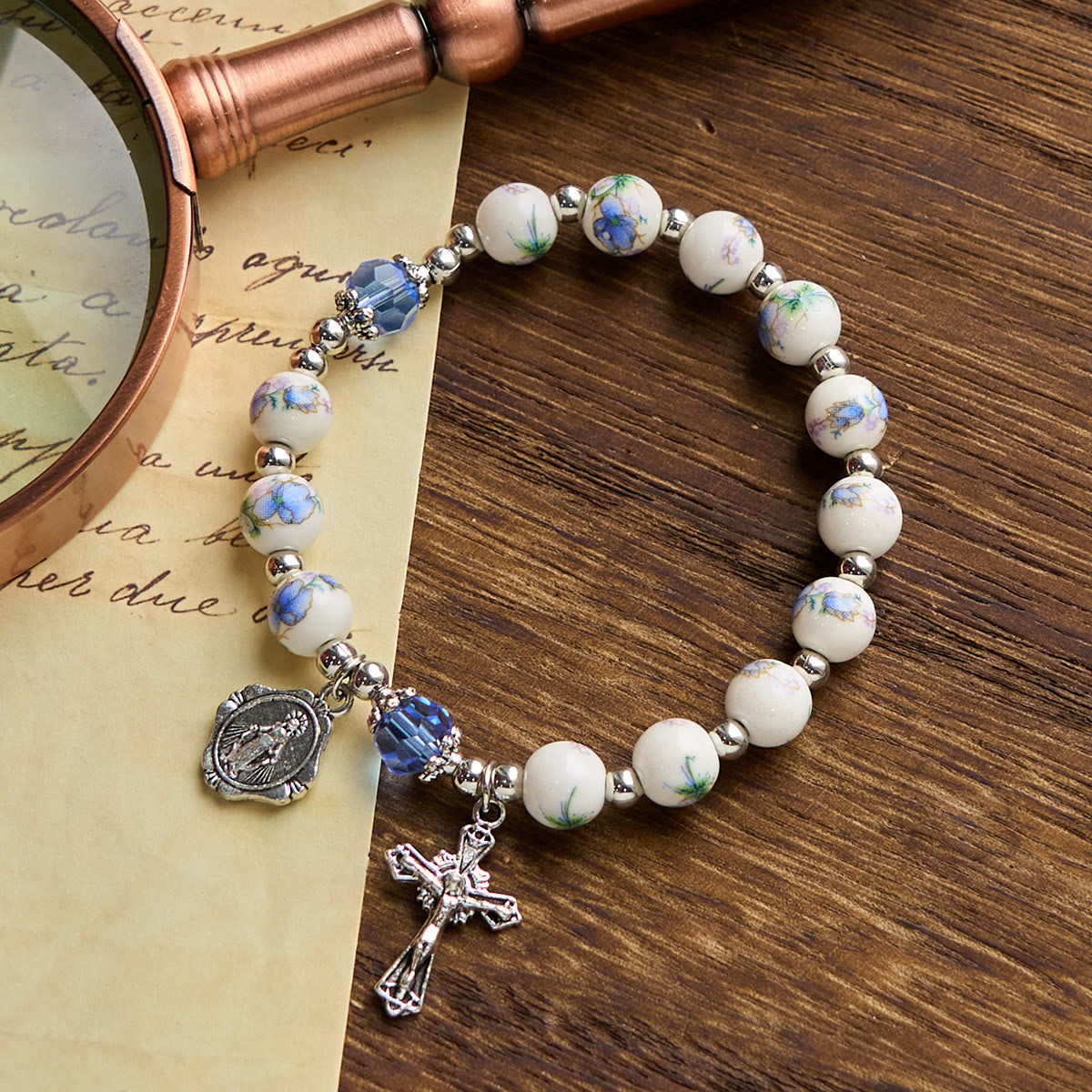 Multi-color Floral Ceramic Stretch Bracelet with Miraculous Medal & Crucifix: Subtle Faith Elegance