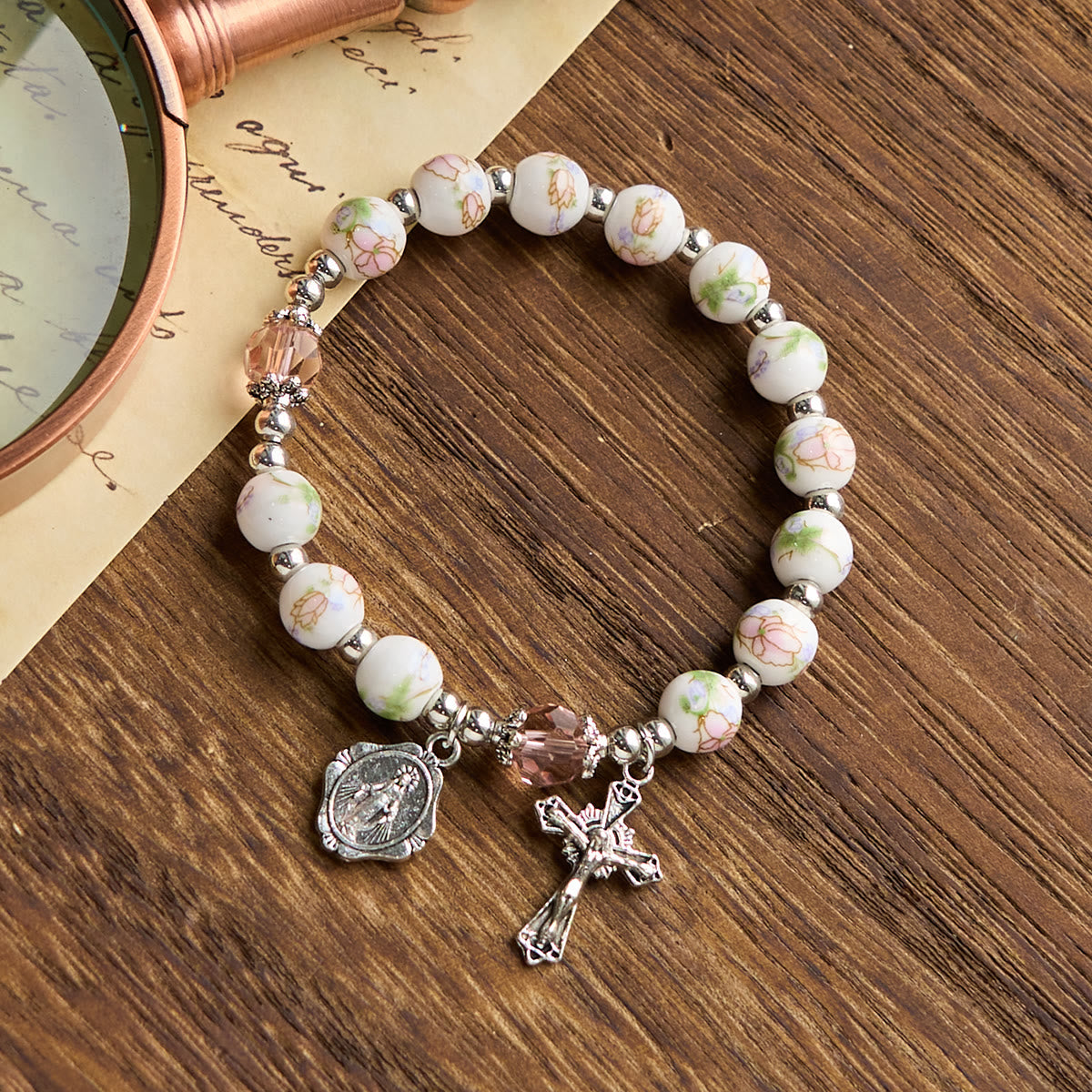 Multi-color Floral Ceramic Stretch Bracelet with Miraculous Medal & Crucifix: Subtle Faith Elegance