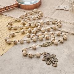 Saint Benedict & Crucifix of 8 mm White Pine Skull Alloy Chain Rosary Necklace