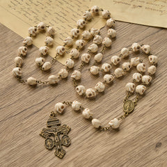 Saint Benedict & Crucifix of 8 mm White Pine Skull Alloy Chain Rosary Necklace