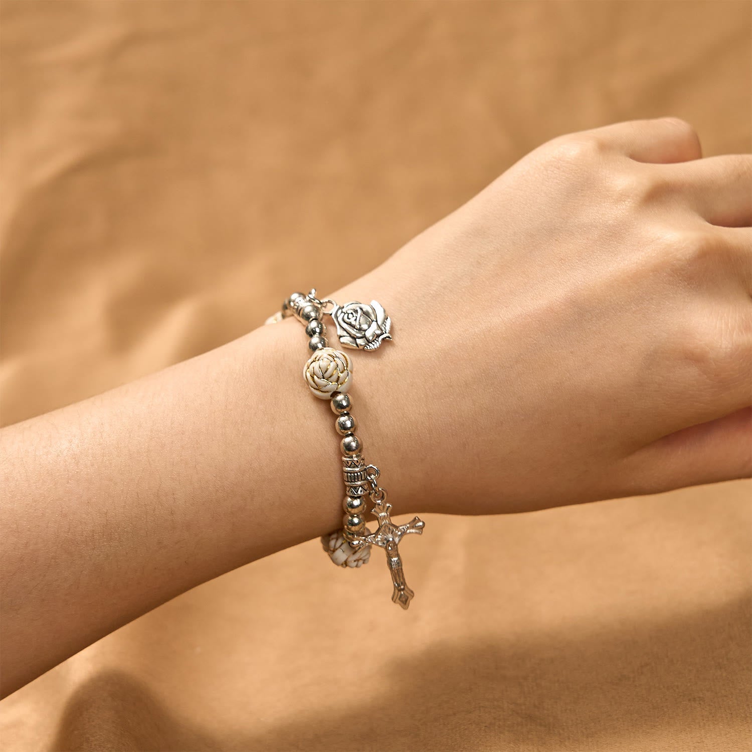 Artistically Sculpted 10mm White Rose Bead Rosary Bracelet with Crucifix