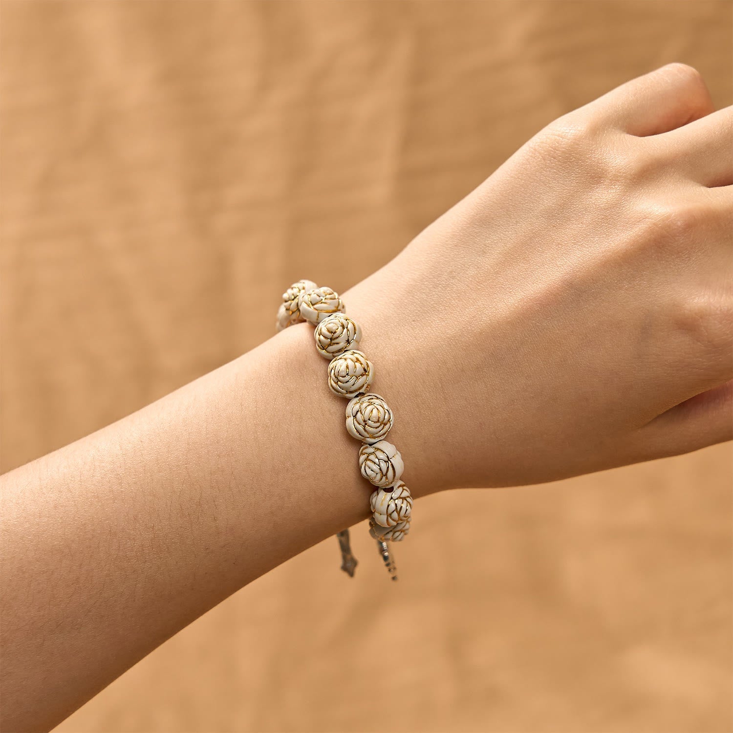 Artistically Sculpted 10mm White Rose Bead Rosary Bracelet with Crucifix