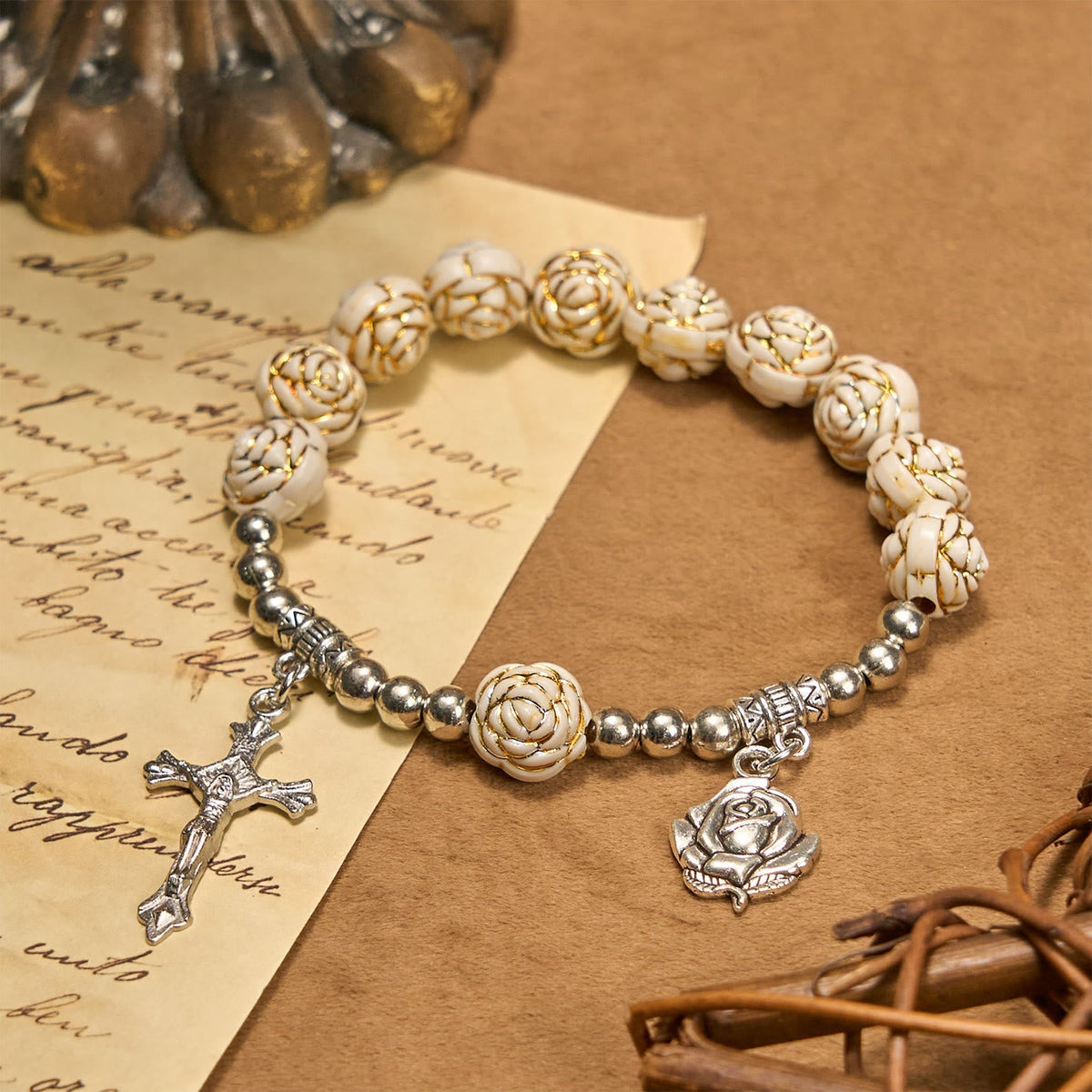 Artistically Sculpted 10mm White Rose Bead Rosary Bracelet with Crucifix