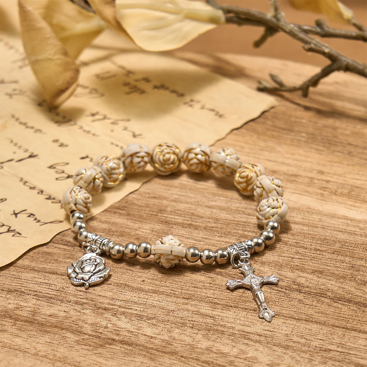 Artistically Sculpted 10mm White Rose Bead Rosary Bracelet with Crucifix