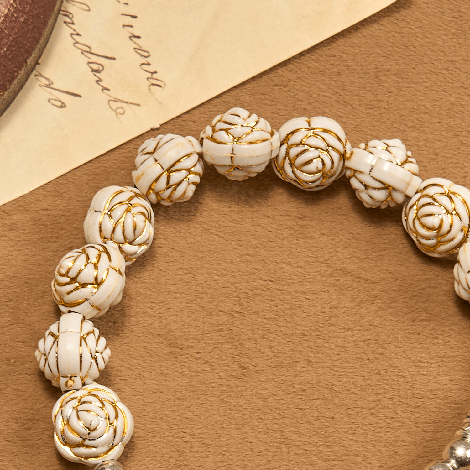 Artistically Sculpted 10mm White Rose Bead Rosary Bracelet with Crucifix