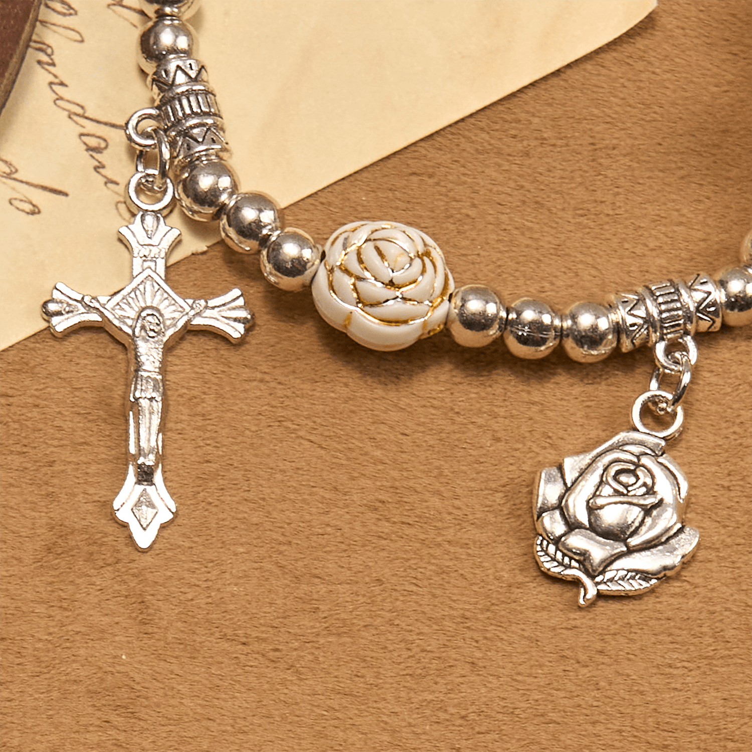 Artistically Sculpted 10mm White Rose Bead Rosary Bracelet with Crucifix