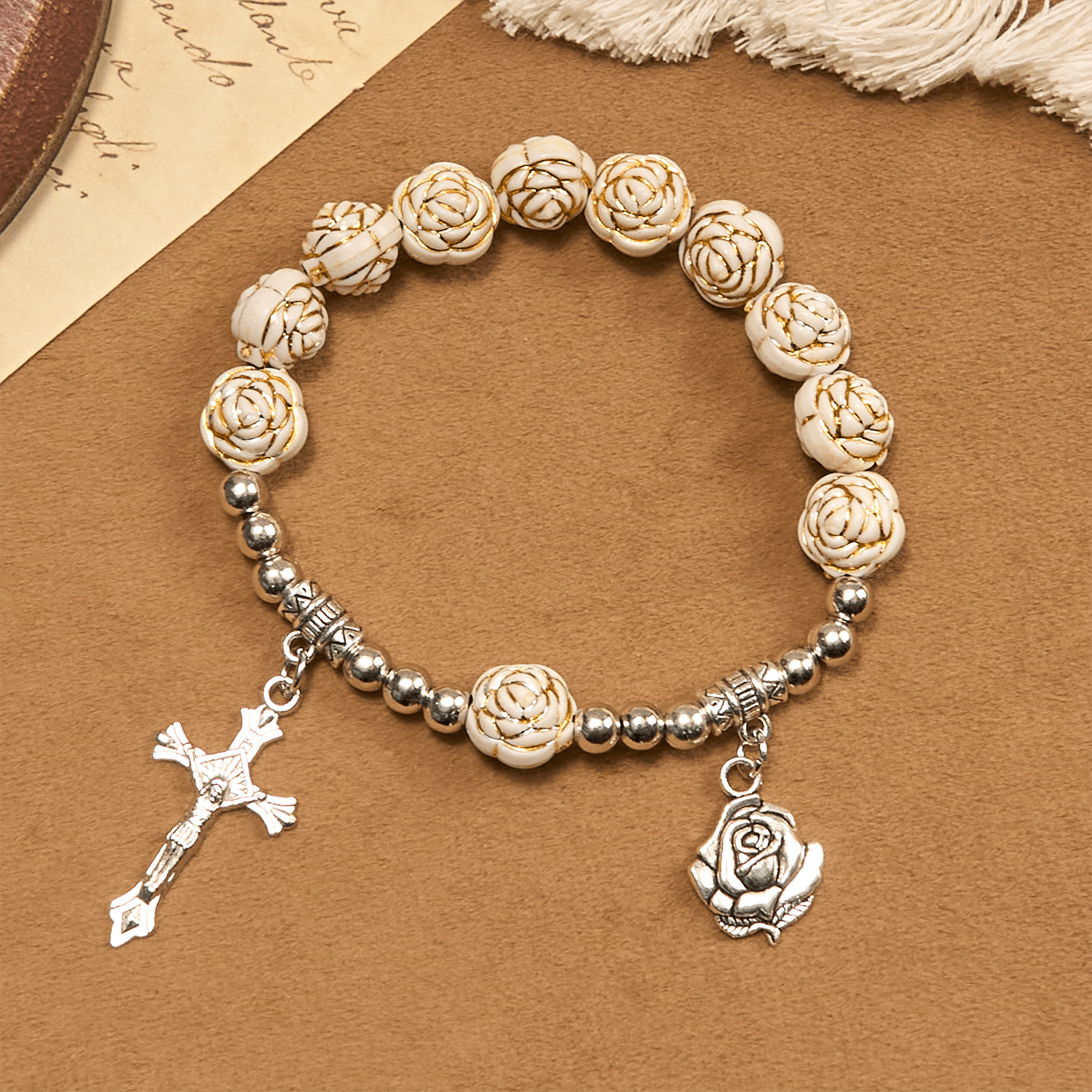 Artistically Sculpted 10mm White Rose Bead Rosary Bracelet with Crucifix
