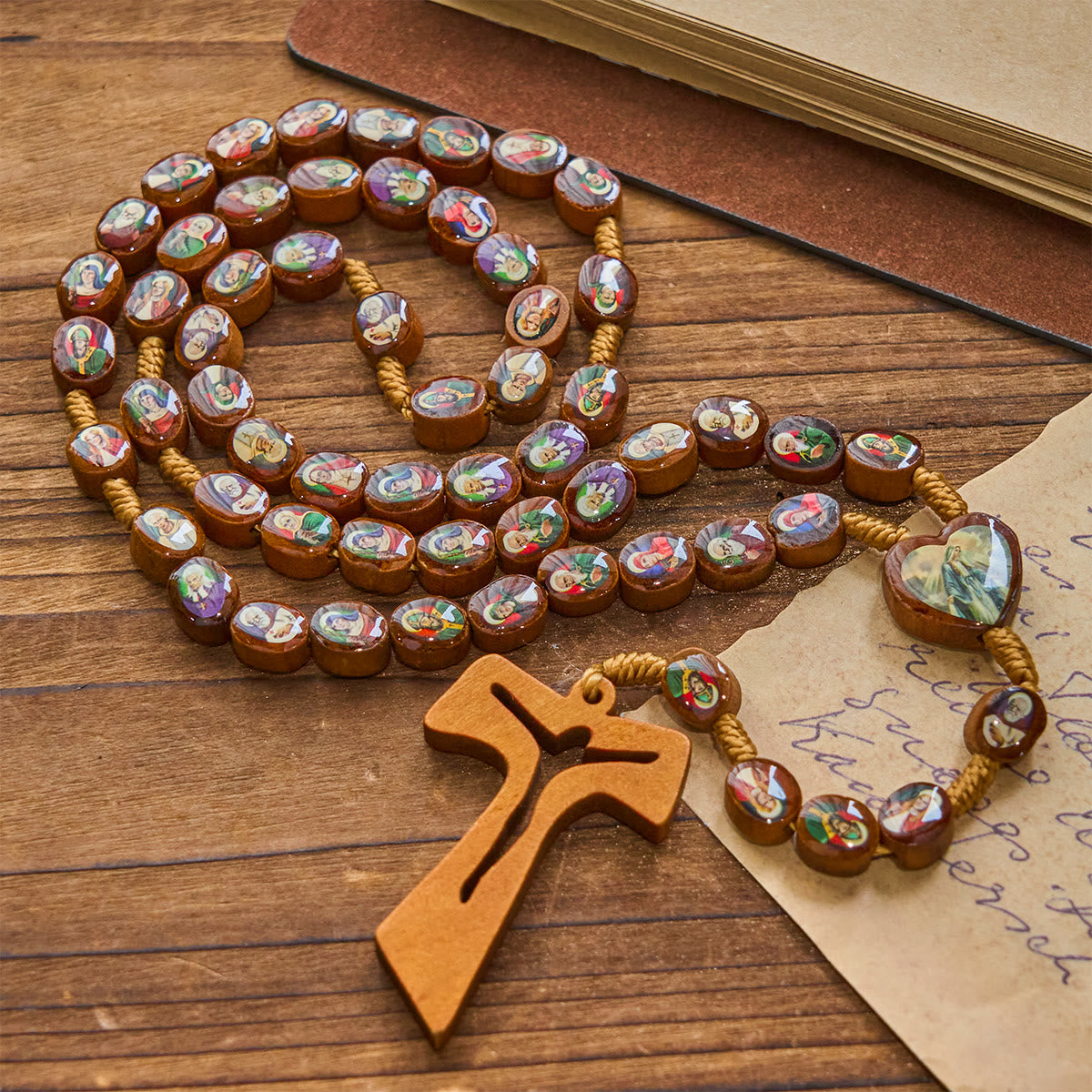 Wooden Saint Medal Beads with Franciscan Tau Cross Rosary: A Timeless Heirloom