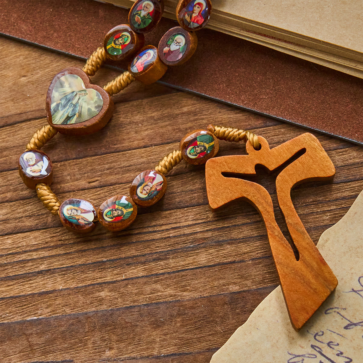 Wooden Saint Medal Beads with Franciscan Tau Cross Rosary: A Timeless Heirloom