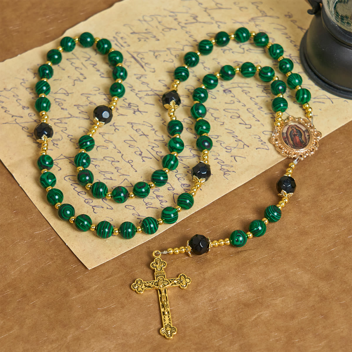 Smooth Green Tiger Eye Rosary with Crucifix & Holy Miraculous Medal
