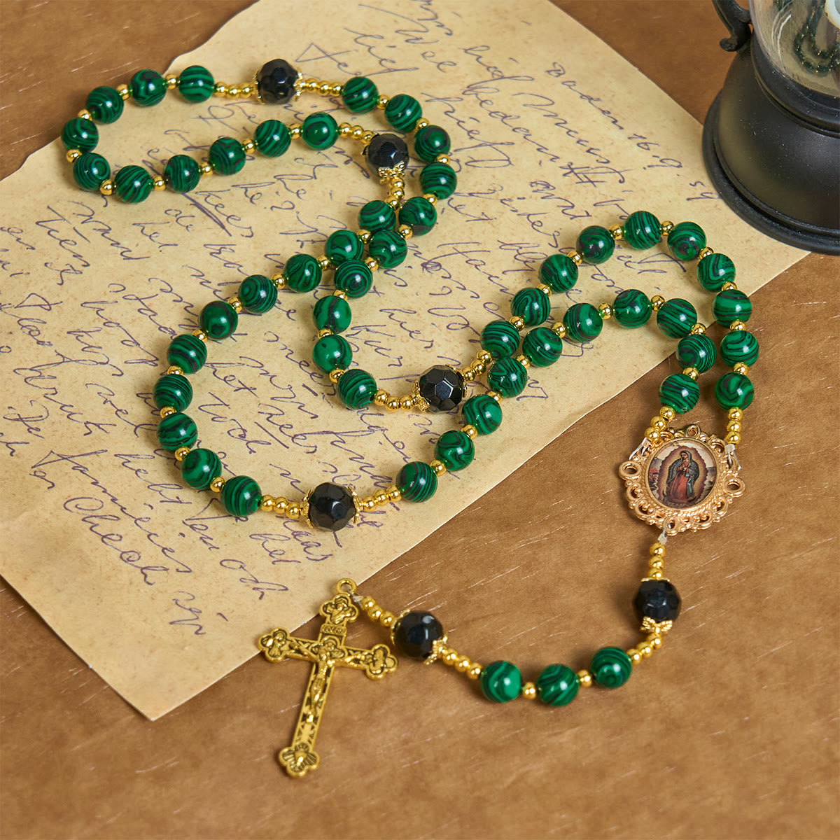 Smooth Green Tiger Eye Rosary with Crucifix & Holy Miraculous Medal
