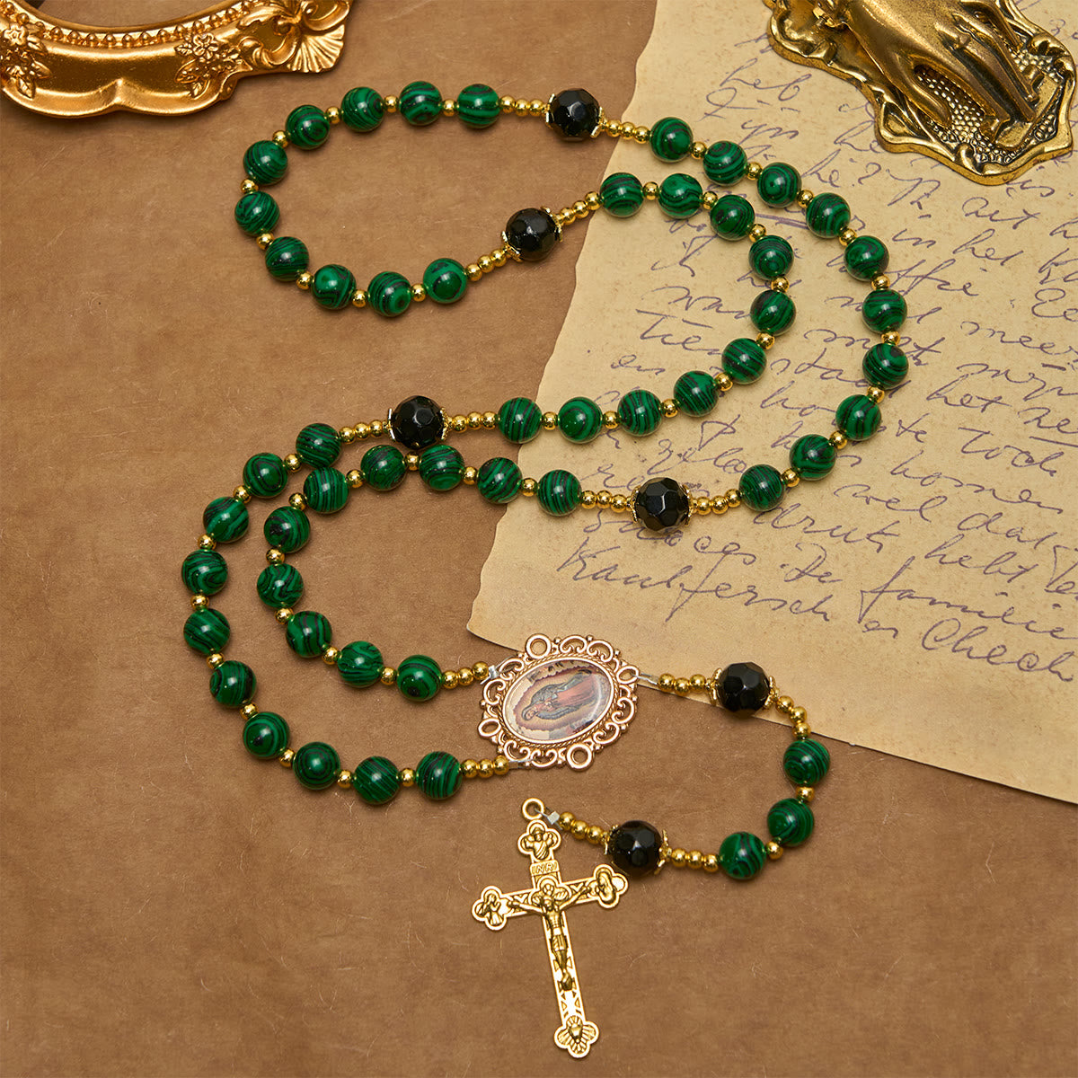 Smooth Green Tiger Eye Rosary with Crucifix & Holy Miraculous Medal