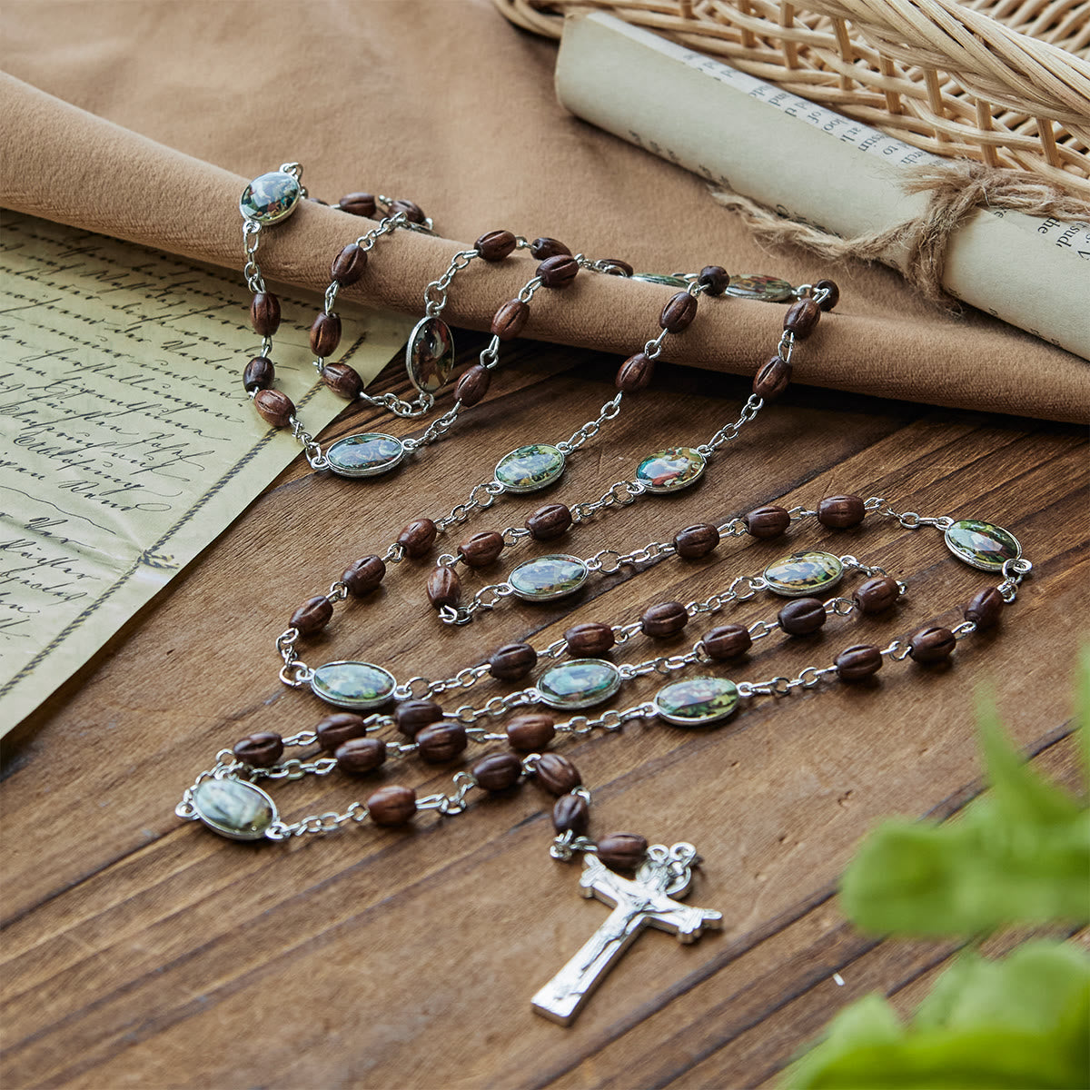 Vintage 15 Station Rosary with Natural Wooden Beads & Saint Portrait Charms