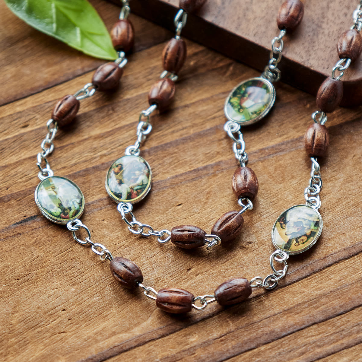 Vintage 15 Station Rosary with Natural Wooden Beads & Saint Portrait Charms