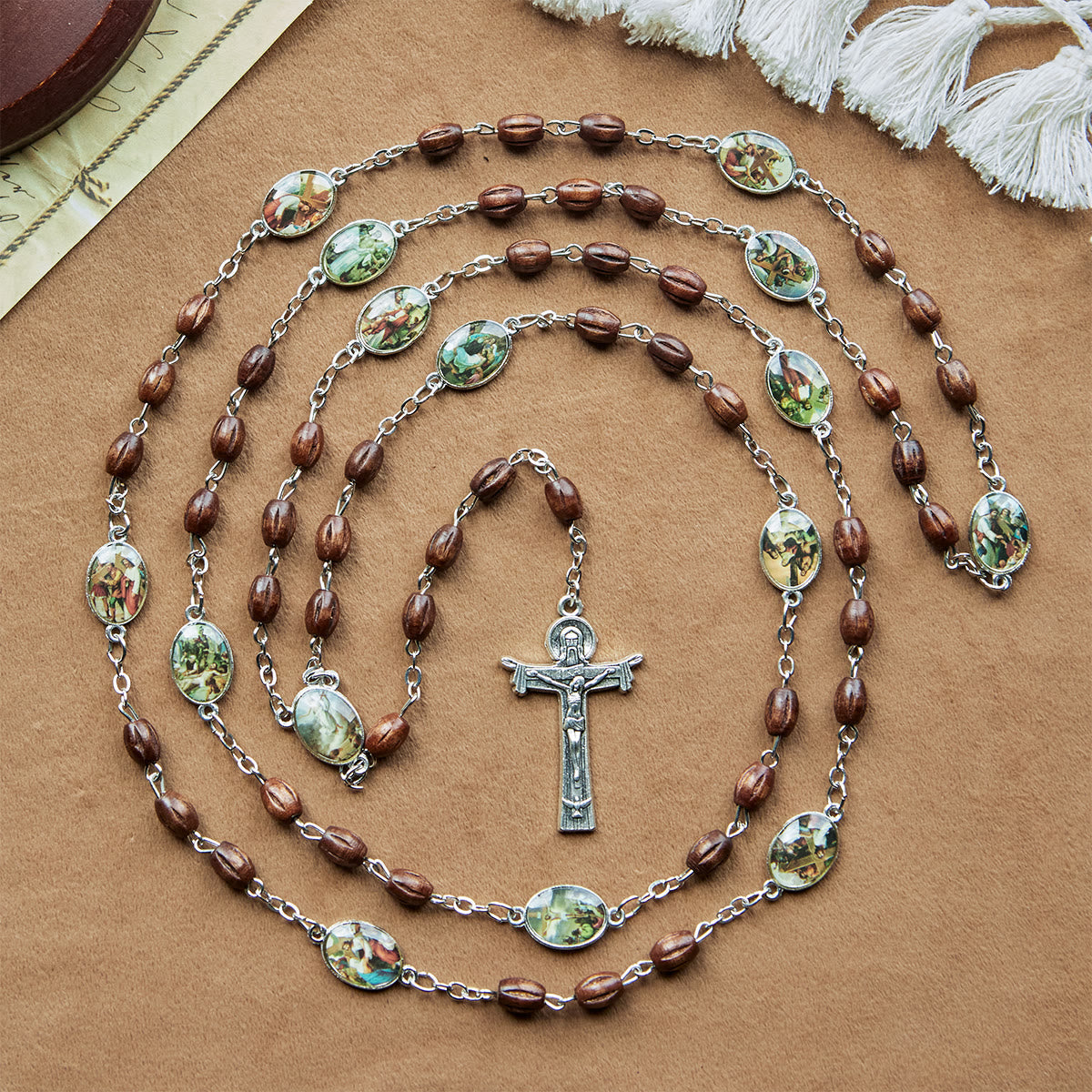 Vintage 15 Station Rosary with Natural Wooden Beads & Saint Portrait Charms