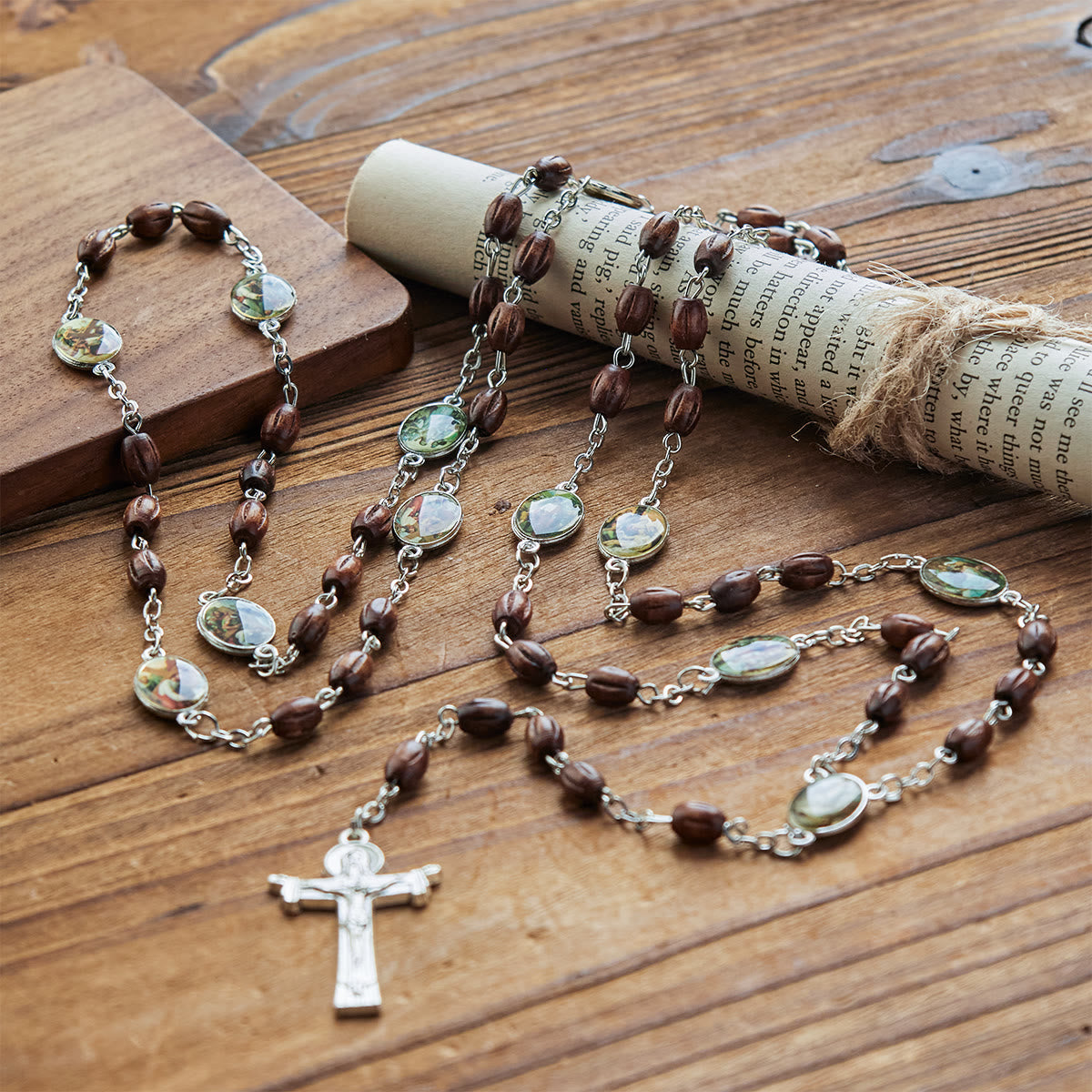 Vintage 15 Station Rosary with Natural Wooden Beads & Saint Portrait Charms