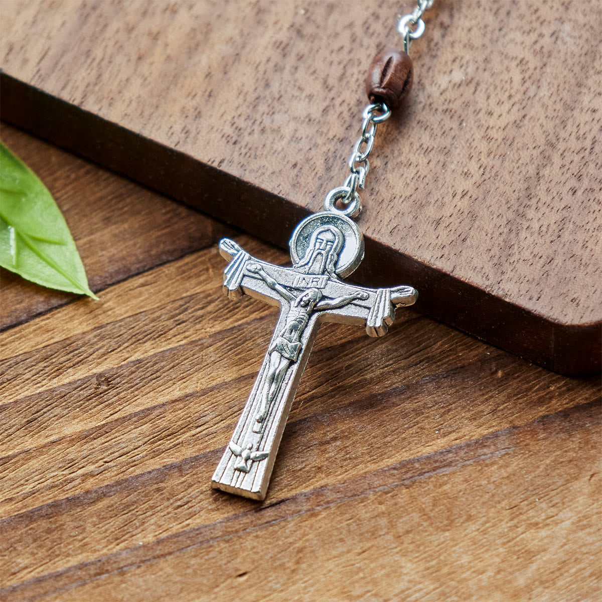 Vintage 15 Station Rosary with Natural Wooden Beads & Saint Portrait Charms