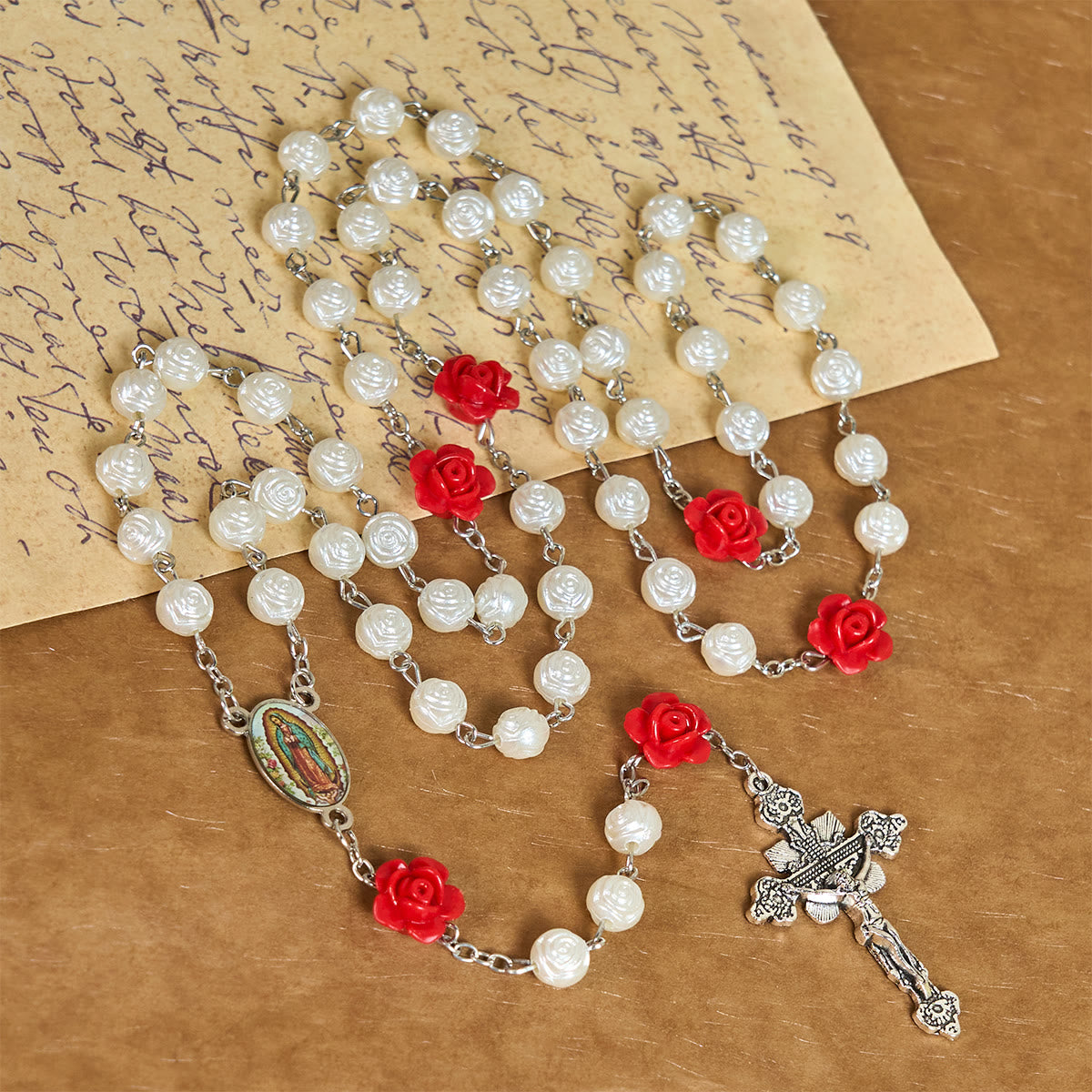 Graceful White and Red Rose Beads Rosary with Blessing Crucifix & Our Lady
