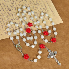 Graceful White and Red Rose Beads Rosary with Blessing Crucifix & Our Lady