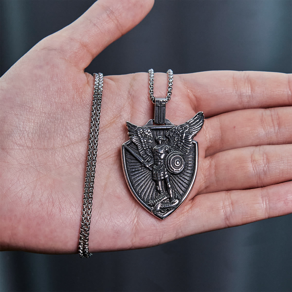 Vintage Shield St. Michael the Archangel Stainless Steel Pendant Necklace