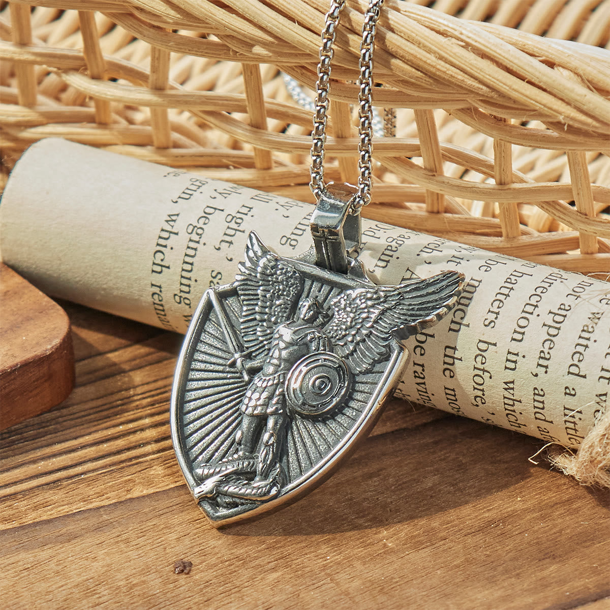 Vintage Shield St. Michael the Archangel Stainless Steel Pendant Necklace