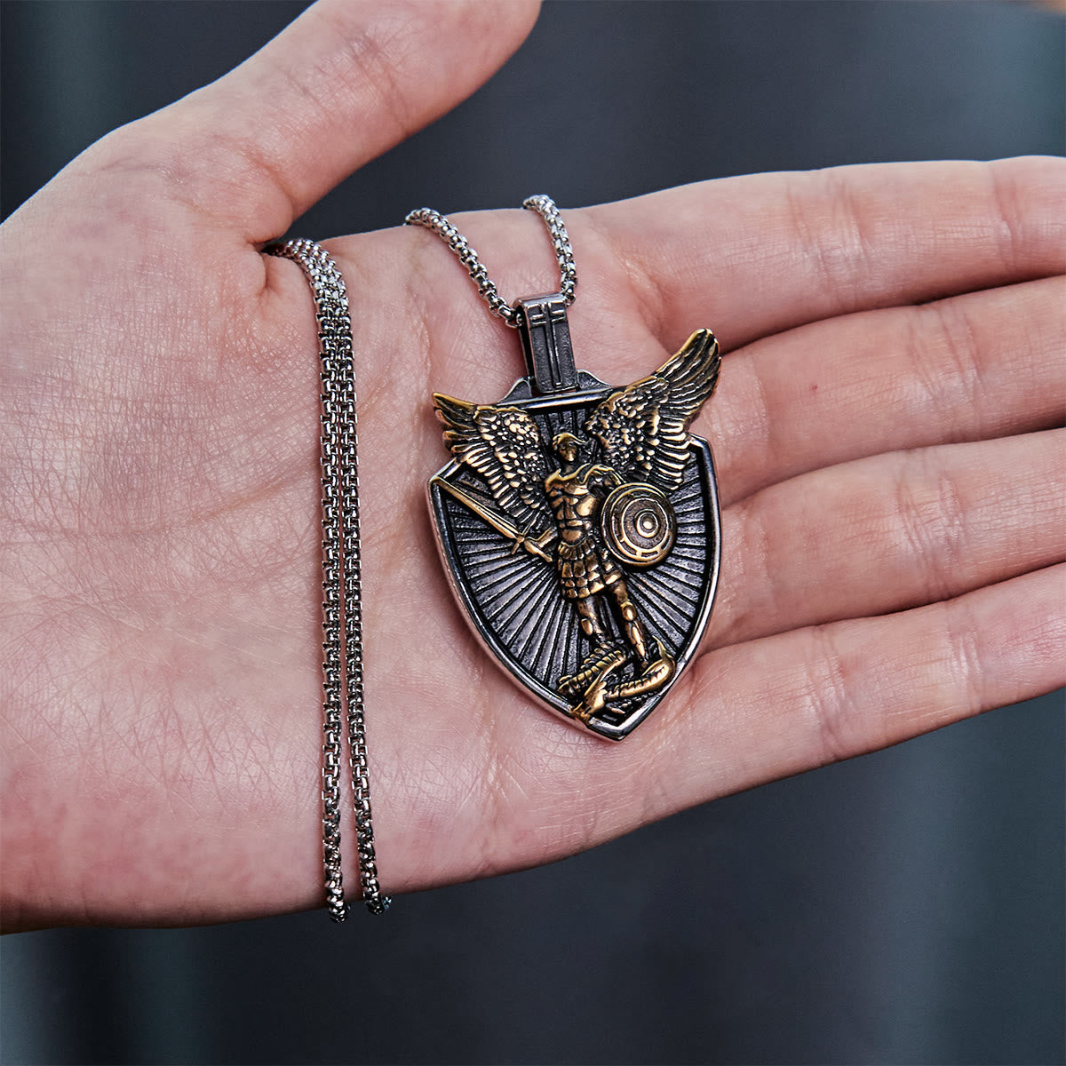 Vintage Shield St. Michael the Archangel Stainless Steel Pendant Necklace