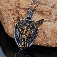 Vintage Shield St. Michael the Archangel Stainless Steel Pendant Necklace