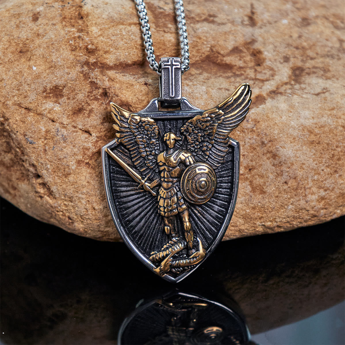 Vintage Shield St. Michael the Archangel Stainless Steel Pendant Necklace