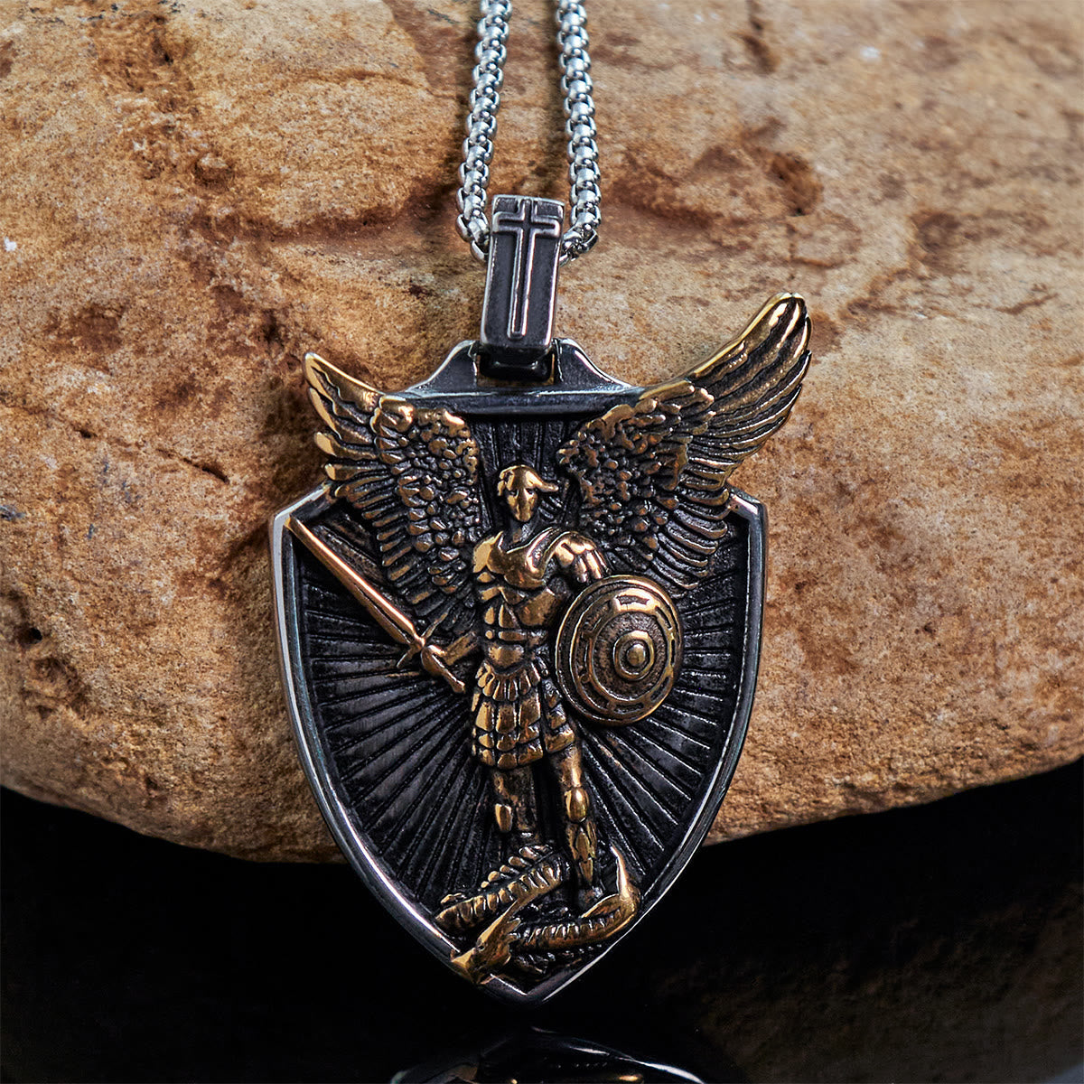 Vintage Shield St. Michael the Archangel Stainless Steel Pendant Necklace