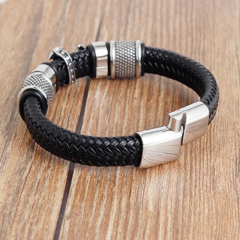 Classic Two-Tone Holy Cross Leather Bracelet with Braided Design