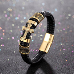 Classic Two-Tone Holy Cross Leather Bracelet with Braided Design