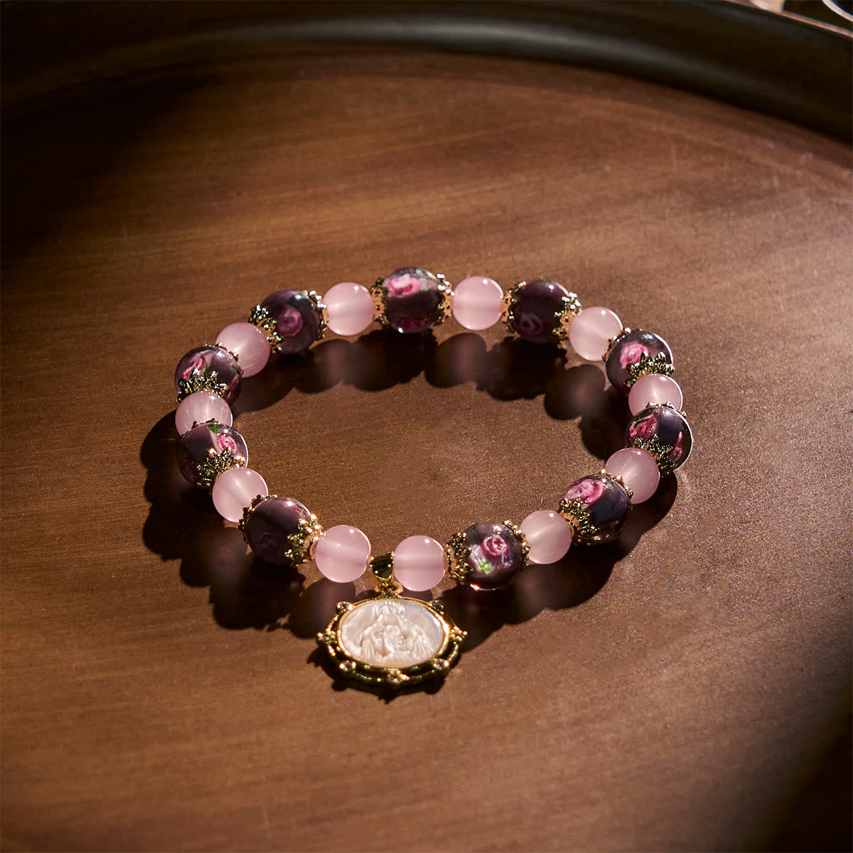 Handmade Rose Quartz Faith Crystal Bracelet with Narce Cameo of Virgin Mary