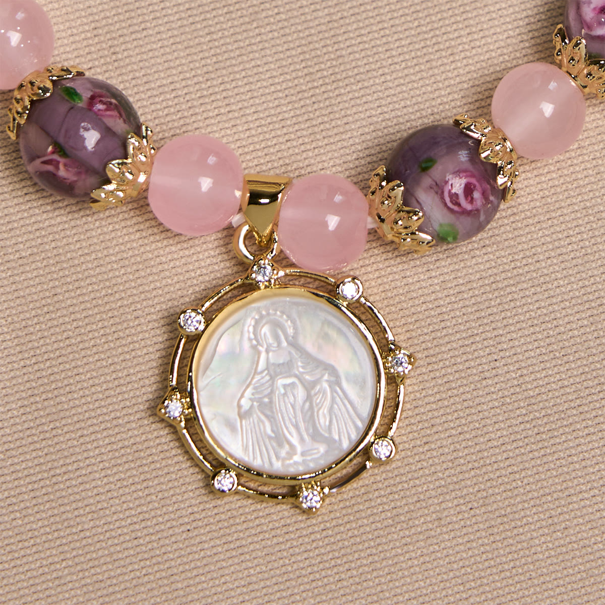 Handmade Rose Quartz Faith Crystal Bracelet with Narce Cameo of Virgin Mary